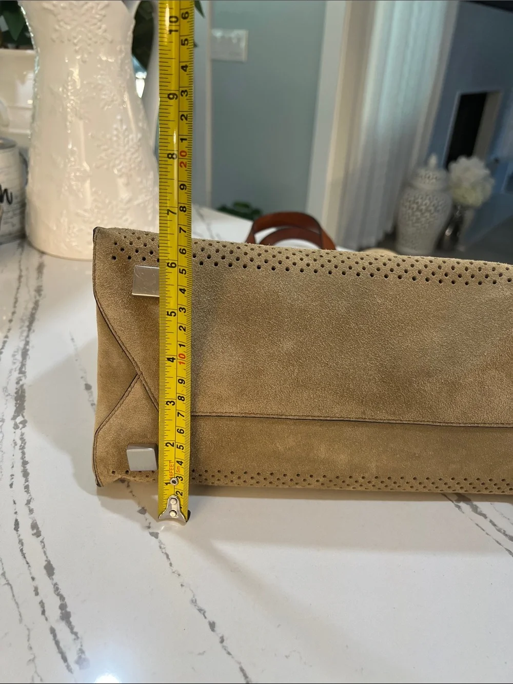 Michael Kors Collection Perforated Suede Tote in Tan with Brown Leather Handles